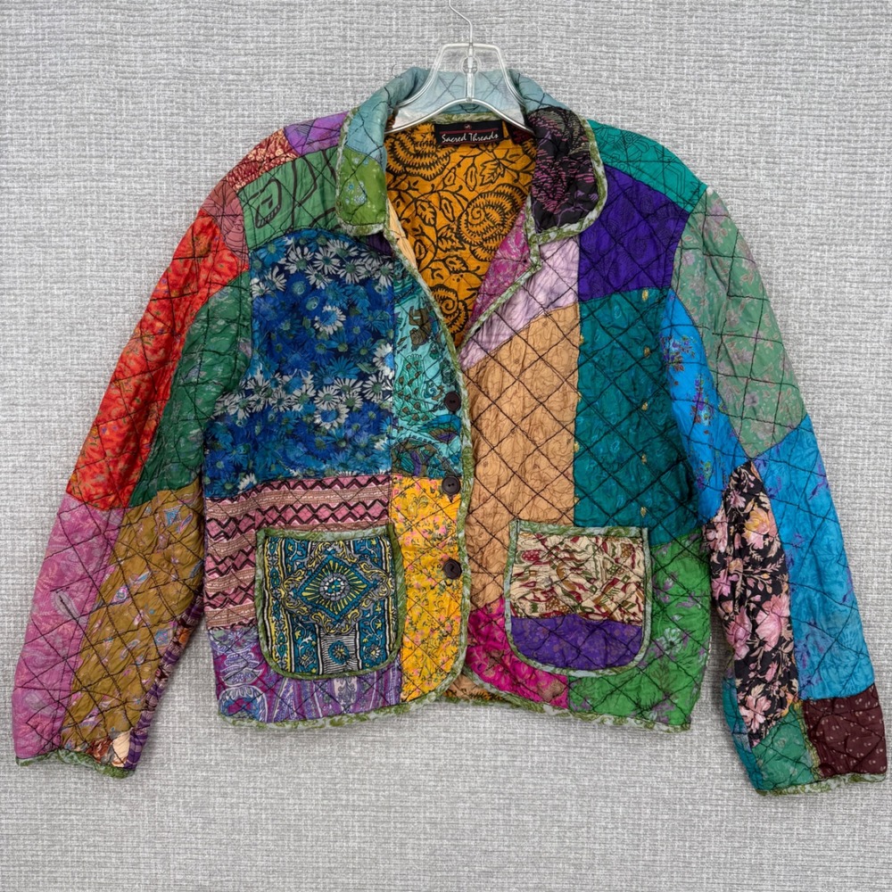 Sacred Threads Quilted Patchwork‎ Silk Jacket Kimono Boho Small FLAWS